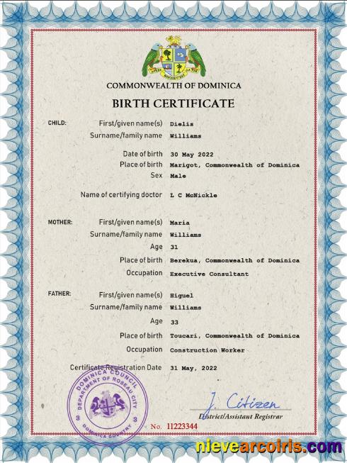 Dominica vital record birth certificate